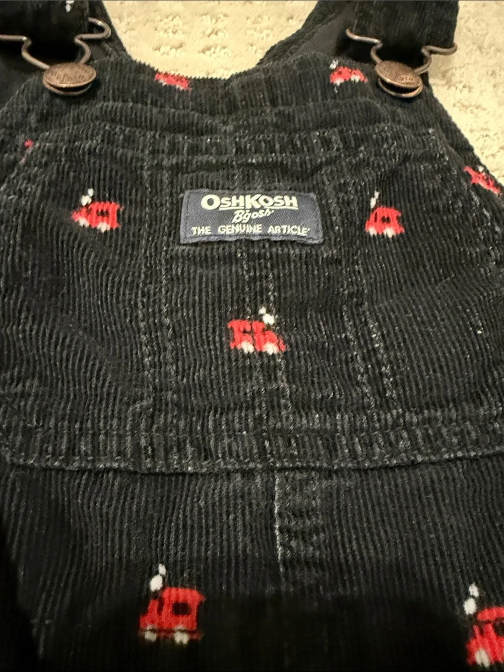 OshKosh B'gosh Black Flannel Lined Corduroy Overalls with Red Trains